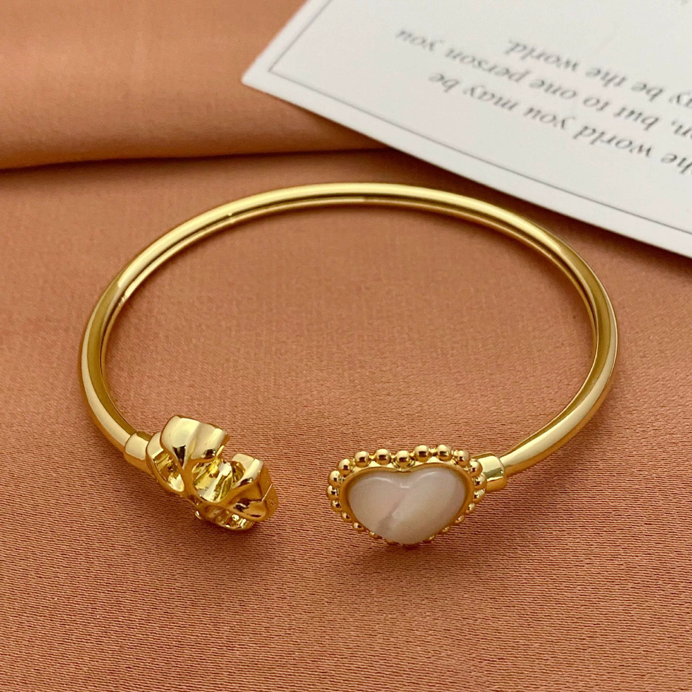 Tory Burch Letter Inlay Shell Heart Open Metal Bangle